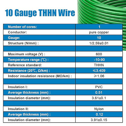 THHN Wire 10 Gauge 100 FT OFC Electrical Wire, 10 AWG Solid Copper Wire Rated