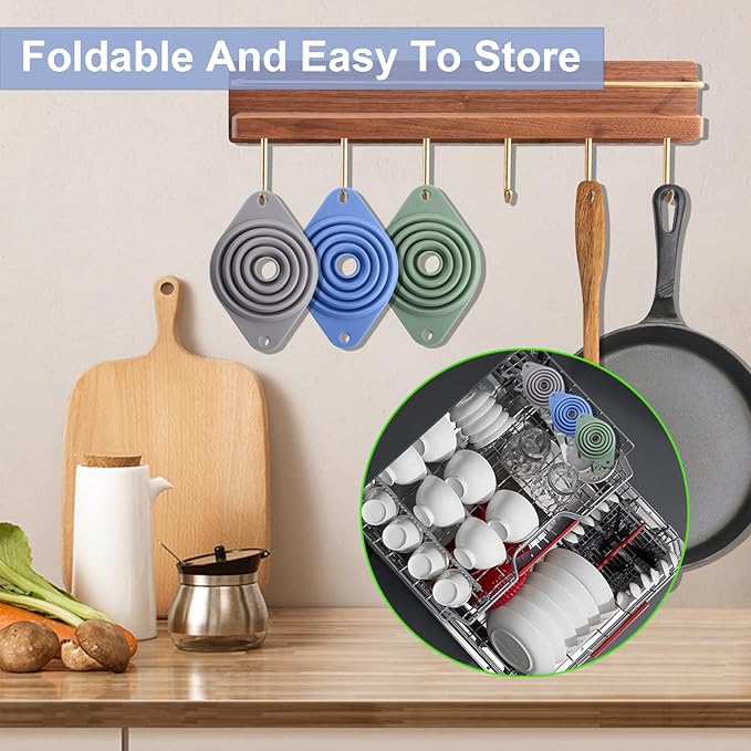 Kitchen Funnel Set 3 Pack, Collapsible Silicone Funnel
