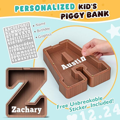 Summidate Wooden Letter Piggy Bank, Extra Thick Large Capacity Piggy Bank for Kids Boys Girls Toddler, Alphabet Z Money Bank| Coin Box Birthday, Christmas, Festival