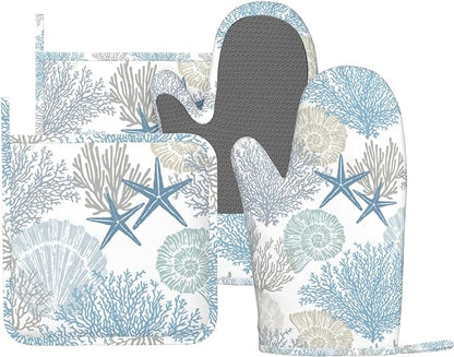 Nautical Coastal Oven Mitts and Pot Holders Sets Silicone Starfish Seashell