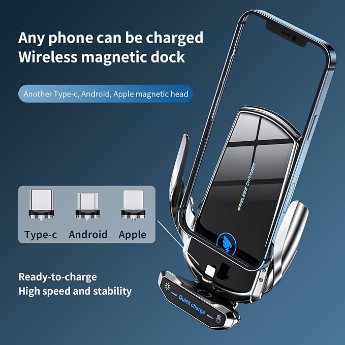 Wireless Car Charger Mount 15W Fast Charging Auto Clamping Automotive Electric Induction Car Phone Holder Mount Car Wireless Charger Air Vent Car Phone Mount Compatible with All Android (Black)