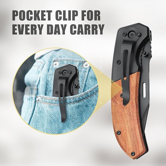Harita Pocket Knife for Men, Folding Utility with Pocket Clip, Wood Handle EDC for Women with 3.4″ Black Steel Blade, Camping Knife, Hunting, Hiking - Father's Day Gift (Back, 3.4 inch Classic Blade)