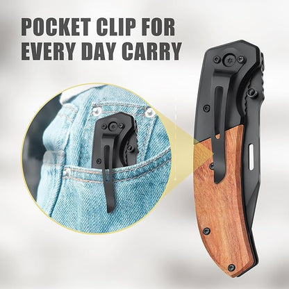 Harita Pocket Knife for Men, Folding Utility with Pocket Clip, Wood Handle EDC for Women with 3.4″ Black Steel Blade, Camping Knife, Hunting, Hiking - Father's Day Gift (Back, 3.4 inch Classic Blade)
