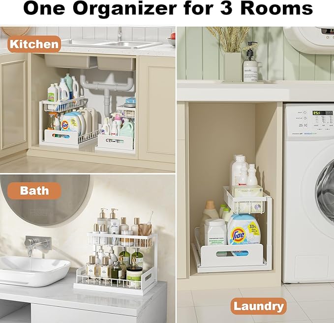 REALINN Under Sink Organizer, Pull Out Cabinet Organizer, 2 Tier Metal Slide