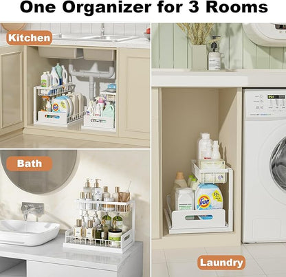 REALINN Under Sink Organizer, Pull Out Cabinet Organizer, 2 Tier Metal Slide