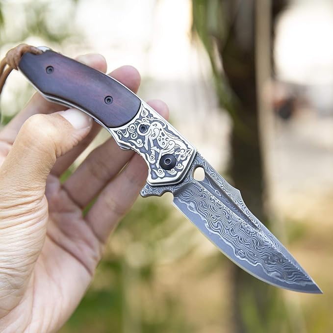Handmade japanese vg10 damascus steel pocket knife,rosewood handle,sheath,liner lock,folding knives for outdoors camping hiking fishing