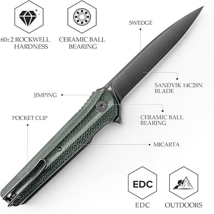 EDC Pocket Knife for Men,Folding Knives with Reversible Clip,Liner Lock 3.4'' Black 14C28N Steel Blade,Green Micarta Handle,Seagull-G