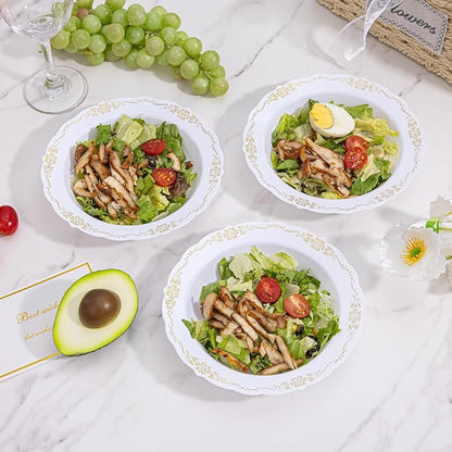 DaYammi 30 Pack Plastic Bowls with Gold Rim, 12oz Disposable Soup Bowls, Heavy Duty Dinner Bowls for Weddings, Parties, Dinners, Catering and Everyday Use
