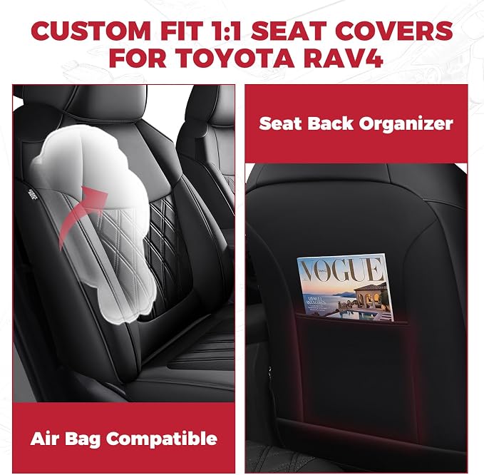 FREESOO Custom Seat Covers for Toyota RAV4 2019 2020 2021 2022 2023 2024 2025 LE XLE Limited XLE Premium Gas, RAV4 Leather Car Seat Covers Interior, RAV 4 SUV Accessories Full Set, Black