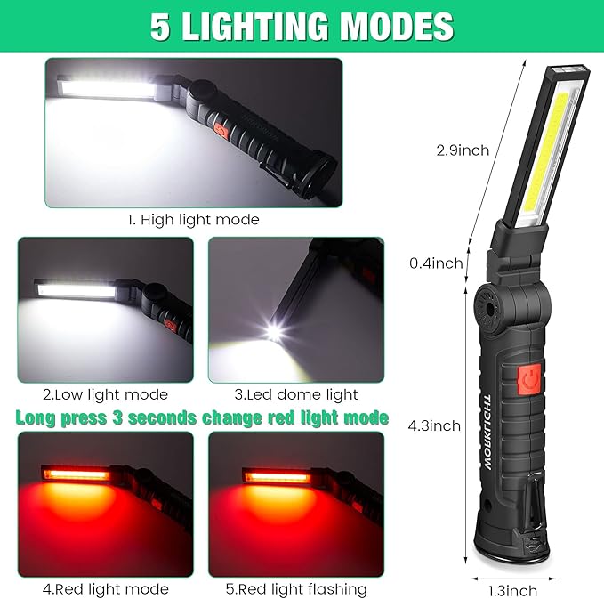 Honoson 4 Pieces LED Work Light Cob Rechargeable Work Flashlight with Magnetic Base, Hanging Hook and 360° Rotate 5 Modes Portable LED Flashlight for Car Repair, Household and Outdoor(Small)