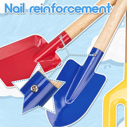 Children Beach Sand Toys, 6 PCS 8'' Wooden Handle Gardening Tools, Kids Gardening Set, Cylinder, Spoon, Fork, Rake, Flat Shovel & Pointed Shovel
