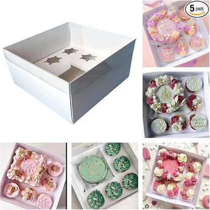 Bento Cake and Cupcake Box 4-inch Cake and 5 Cupcakes Box Full Clear Cover 5 Sets for Family Dinner Birthday Party Picnic Gift