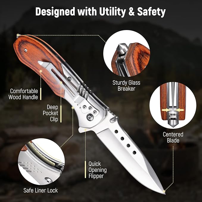 Pocket Knife for Men - 3.46" Sharp Blade Wood Handle Pocket Folding Knives with Clip, Glass Breaker - EDC Knives for Survival Camping Fishing Hiking Hunting Women, Silver