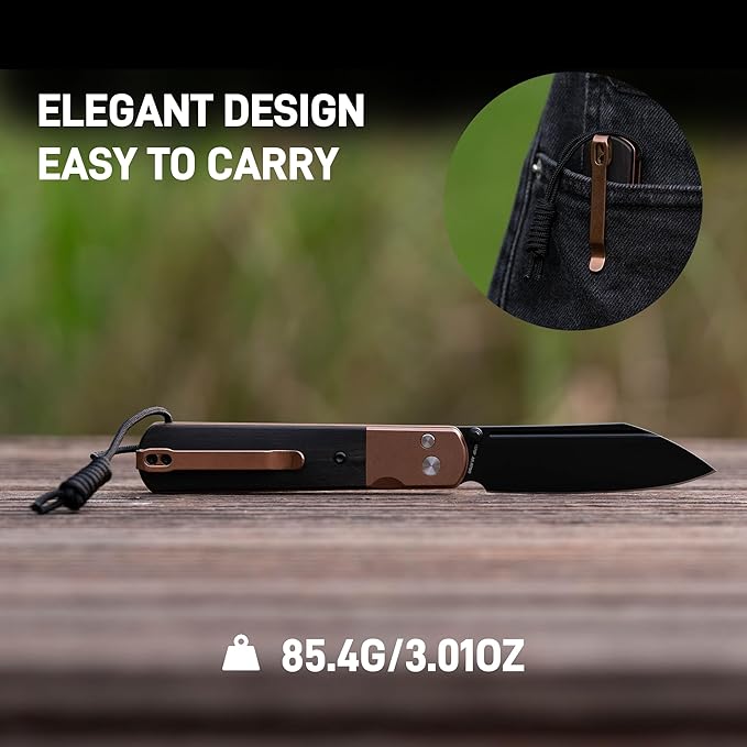 ARTISANCUTLERY Holm Folding Pocket Knife, Folding Knife with 3.10'' AR-RPM9 Steel, Handle with Rose Gold PVD Steel and Ebony Inlay, Button Lock with Safety Switch EDC Knife for Men, 1875P Rose Gold