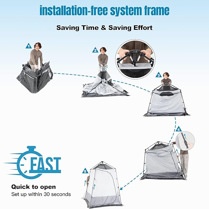 Camping Shower Tent Deluxe Changing Room Easy Set Up Privacy Shelter,Large Toilet Tent with Floor Drain Design for Beach, Camping,Hiking with Stakes and Ropes for Stability