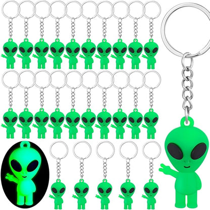 24 Pcs Alien Party Favors Alien Keychains Glow in The Dark Space Keychain Mini Aliens Figures Little Bulk Gift Prizes Goodie Bag Piñata Halloween Stuffers for Music Festival Easter (Green)