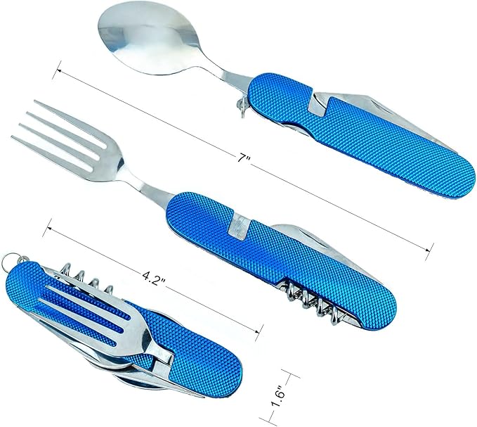 6-in-1 Multi-Function Camping Utensil Flatware Set Detachable Spoon Fork Knife Combo Mess Kit with Carrying Pouch (Blue + Red)