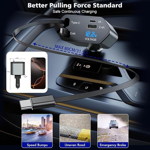 66W Retractable Car Charger,CarCharger Fast Charging 4 in 1 Car Phone Charger Retractable USB C Cable,Type C to Lightning Cord,USB C Port and USB A Port Fast Charging for iPhone 16/15/14,iPad