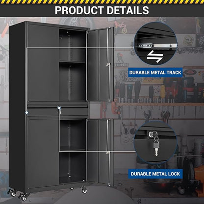 73" Metal Cabinet-Black Heavy Duty Rolling Storage Cabinet Steel Tool Cabinets