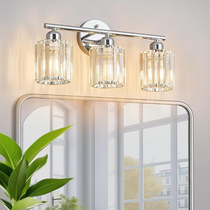 FDPBY Modern 3 Light Crystal Vanity Light, Chrome Vertical Bathroom Light