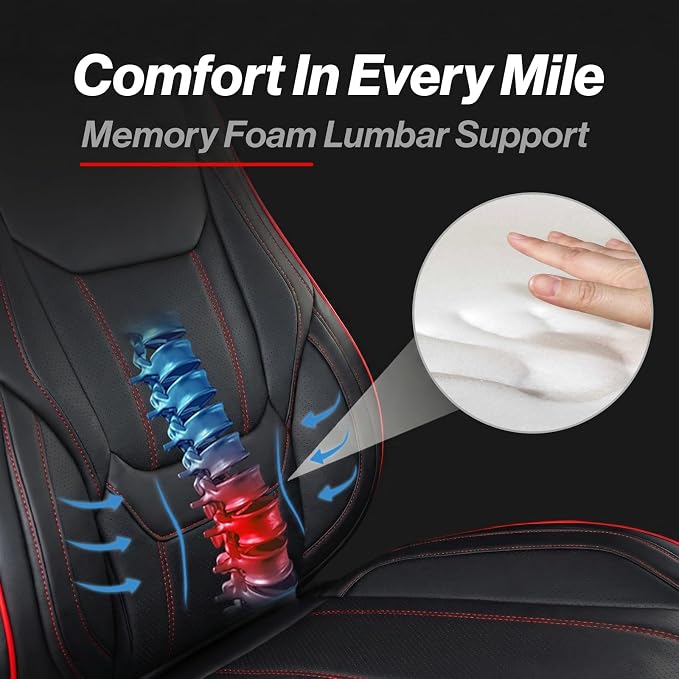 Coverland Custom Car Seat Covers Front Seats for 2022-2026 Toyota Corolla Cross - Protector Water Resistant Leather Memory Form Back Support Seat Cushion [Front - Black with Red Stitching]