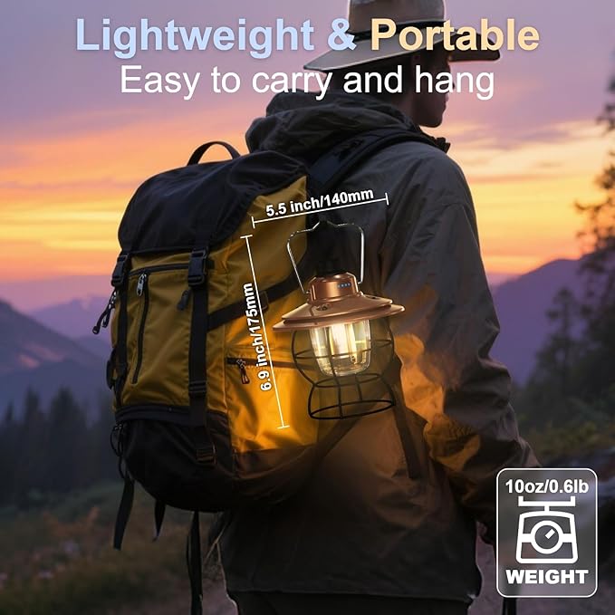LED Camping Lantern Rechargeable Dimmable, Portable Vintage Outdoor Lantern 2700-6500K Waterproof, Hanging Retro Lamp Indoor Outdoor for Garden, Hiking, Emergency, Copper