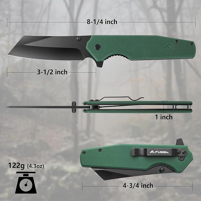 FLISSA Folding Knife, 4-3/4" Reverse Tanto Folding Pocket Knife, Black Stonewash Blade, G10 Handle, for Hunting, Survival, Camping and Outdoor Activities, Great Gifts for Dad, Husband, Friend