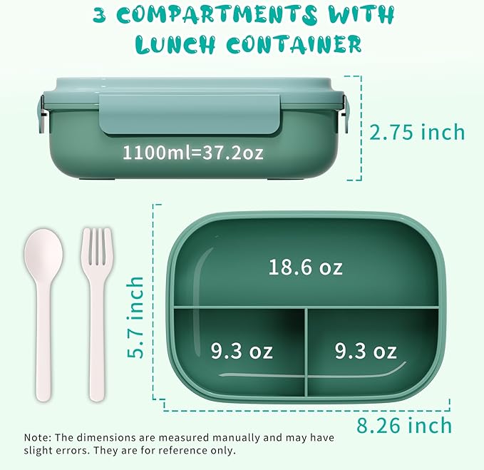 Bento Lunch Box with Kids & Children, Stackable Lunchbox Container with 3-Compartment, Durable for On-the-Go Meal, BPA-Free and Food-Safe Materials (Green)