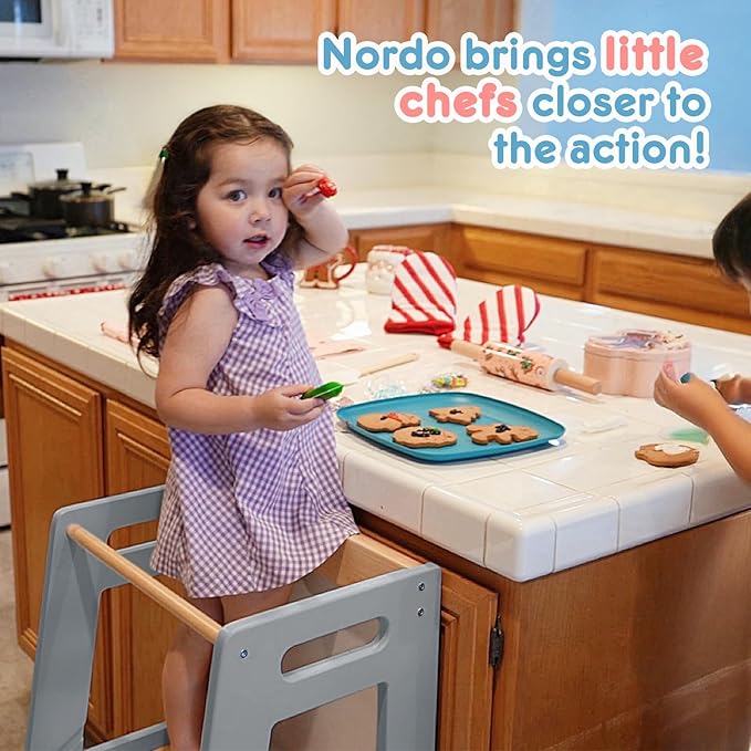 Toddler Kitchen Stools Helper with Adjustable Height and Anti-Slip Protection, Kids Standing Tower with Safety Rail, Kids Montessori Stool with Learning Chalkboard, Gray