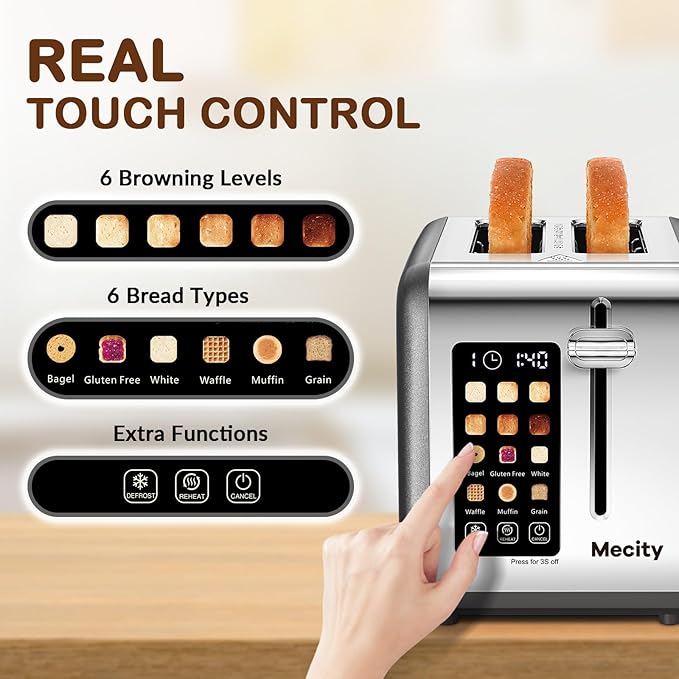 Mecity 2 Slice Touch Screen Toaster, 1.5" Wide Slot, Stainless Steel Smart