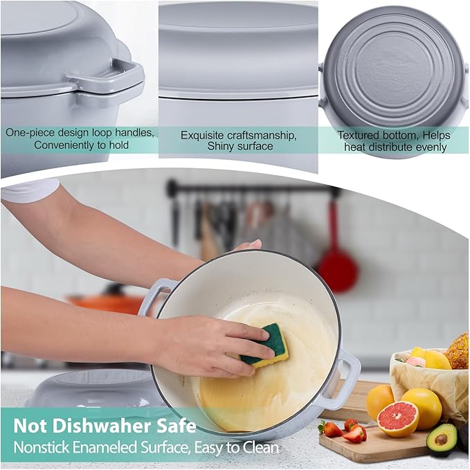 TeamFar 5 Quart Enameled Cast Iron Dutch Oven, 2-In-1 Dutch Oven Pot Cookware