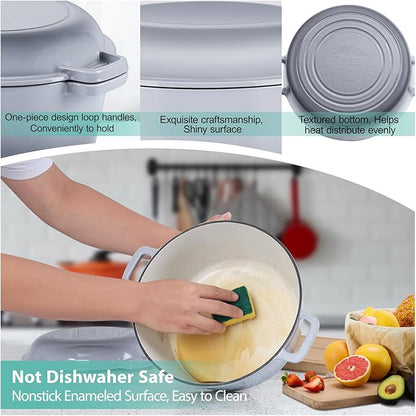 TeamFar 5 Quart Enameled Cast Iron Dutch Oven, 2-In-1 Dutch Oven Pot Cookware