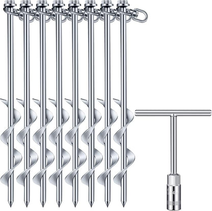 Zhengmy 8 Pcs Ground Anchors Screw in, 12 Inch Heavy Duty Tent Stakes with Trampoline Anchor Hook Ground Stakes for Camping Tent Canopies Ports Sheds Swing Sets Securing Animals (Silver)