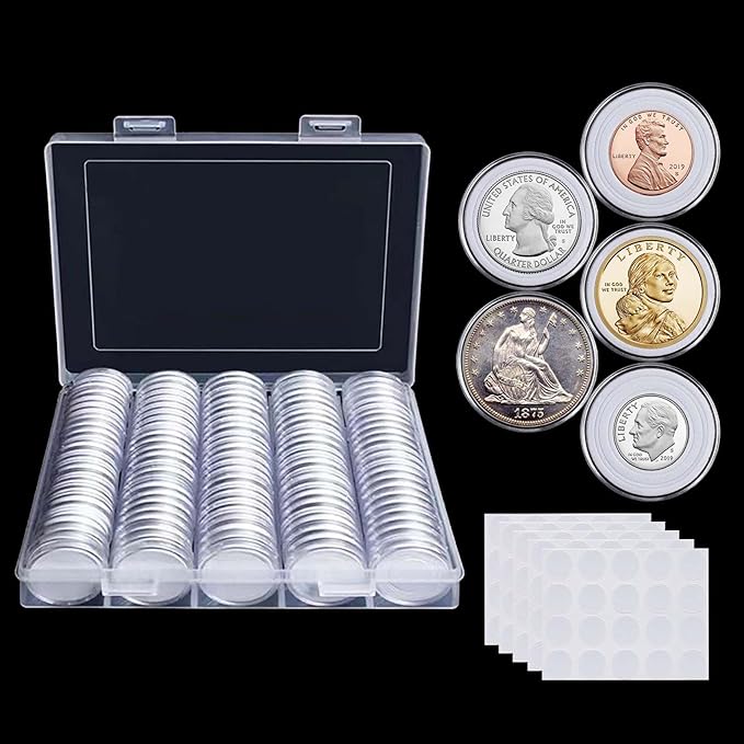 100 Pieces 30mm Coin Capsules Coin Holders for Collectors, with Foam Gasket and Plastic Storage Organizer Box, 5 Sizes (17/20/25/27/30mm) Coin Case for Coin Collection Supplies