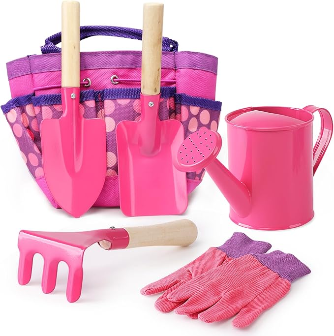 Kids Gardening Tools Set, Toddler Play Kit Child Outdoor Toy with Gloves, Watering Can, Metal Shovel, Rake, Spade & Storage Bag, Backyard Sand Digging Birthday for Boys Girls 3-5 (Pink)