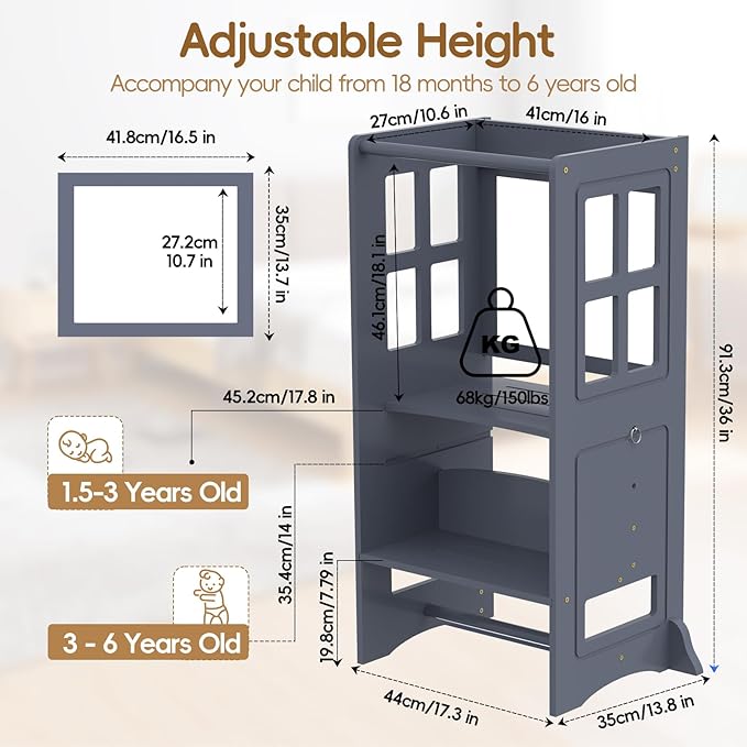4 in 1 Toddler Kitchen Stool Helper, Adjustable Height Learning Standing Tower with Whiteboard, Toddler Step Stool 2 in 1 Convertible Table and Chair for Kids 1.5 to 6 Years Old