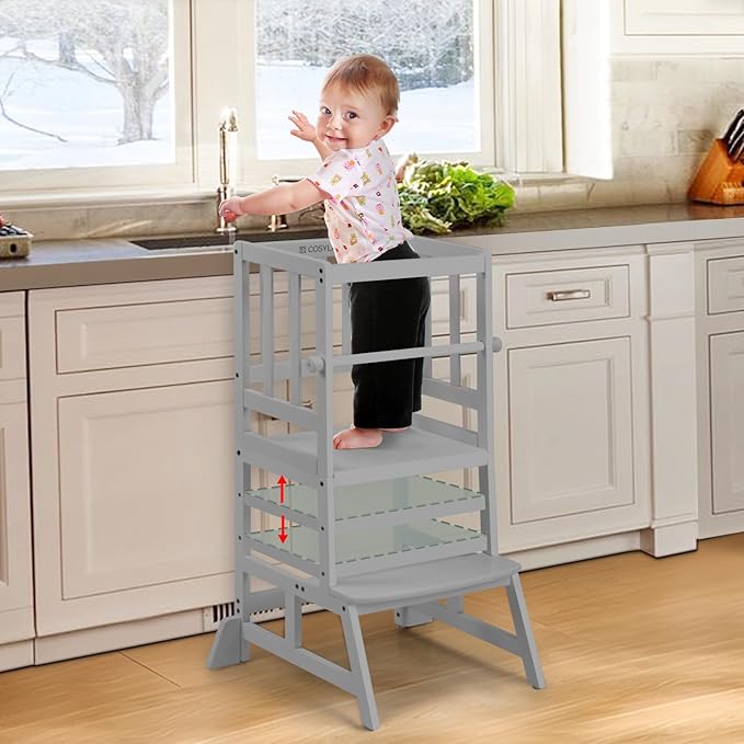 COSYLAND Toddler Standing Tower - Adjustable Height Toddler Kitchen Stool Helper - Kids Kitchen Step Stool for Learning with Removable Safety Railing Grey