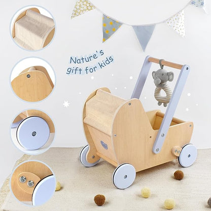 Wooden Baby Doll Pram Stroller, Baby Walker Push and Pull Doll Stroller, Wooden Toy Stroller for Toddler Boys Girls 18 Months and Up