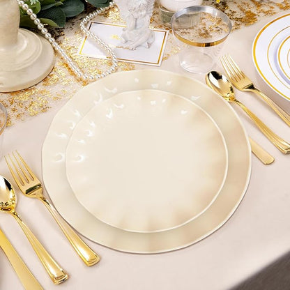 LIYH 50 Pcs Beige Plastic Plates Reusable Unbreakable Dinner Plates Scalloped Plastic Plates Dishwasher Safe Ivory Plate Sets Perfect for Parties Birthday Picnics BPA Free (25Guests)