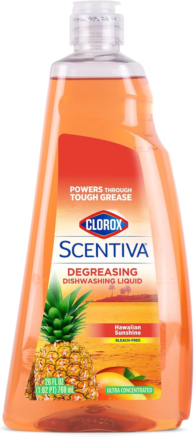Clorox Scentiva Liquid Dish Soap, Hawaiian Sunshine Scent, Ultra-Concentrated Dishwashing Detergent, Grease Cutting Bleach-Free, 26 Fl Oz, 6 Pack