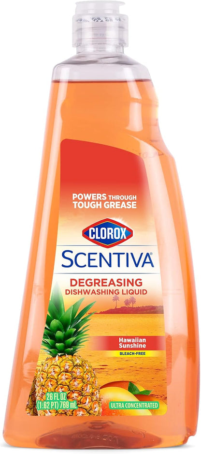 Clorox Scentiva Liquid Dish Soap, Hawaiian Sunshine Scent, Ultra-Concentrated Dishwashing Detergent, Grease Cutting Bleach-Free, 26 Fl Oz, 6 Pack