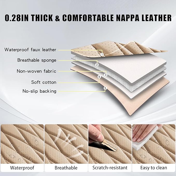 WELLDO Nappa Faux Leather Car Seat Covers Full Set, Beige | Waterproof, Non-Slip Seat Protector, 0.28in Thickened Cushion, Airbag Compatible, Universal for Cars SUV Truck Pickup