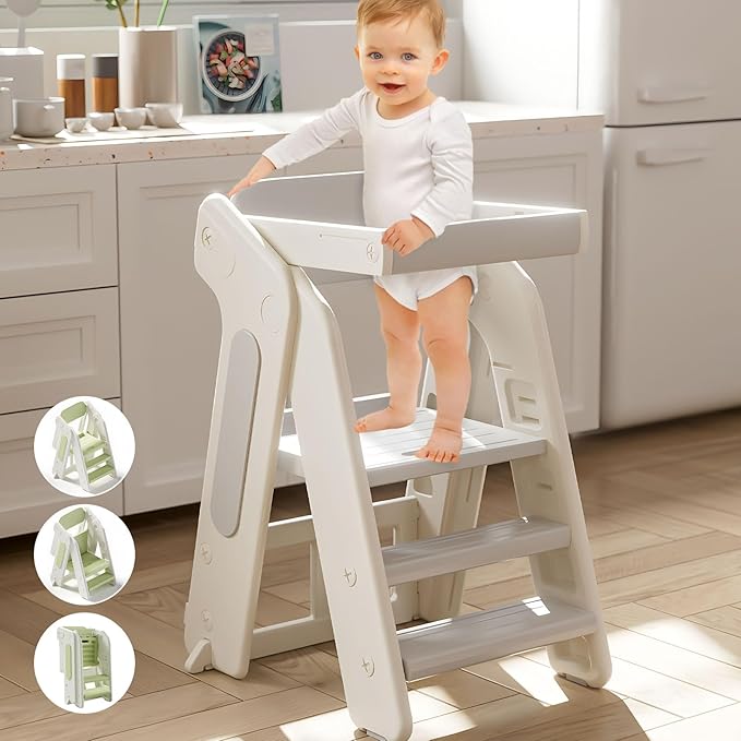 Toddler Tower Kitchen Stool Helper,Foldable/Adjustable Height Kids StandingTower Stool W/CPC Certification,for Kitchen Counter Bathroom Sink Cooking Child Ladder for Toddlers W/Safty Rail(Grey White)