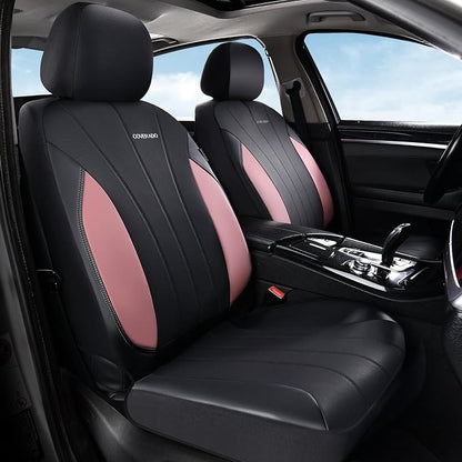 Coverado Car Seat Covers Full Set, 5 Seats Waterproof Nappa Leather Automotive Seat Protectors, Front & Rear Luxury Mesh Seat Covers, All-Weather Universal Fit for Most Cars SUVs, Trucks,Black&Pink