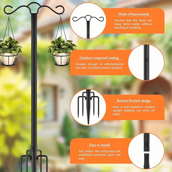 Double Shepherds Hook for Outdoor with 5 Prong Base 90 Inch Heavy Duty Two Sided Bird Feeder Pole for Hanging Lantern,Hummingbird Feeder,Lightweight Plant,Shepherds Hook for Bird Feeders