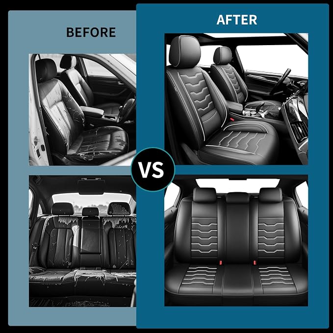 Fit Renegade Car Seat Covers for Jeep Renegade 2015-2024 -Full Set Premium Leather, Waterproof & Breathable，All-Weather Seat Cushion Protecto & Airbag Compatible, 2 Front Seat White Line Black