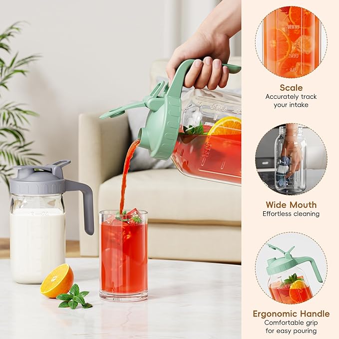 Glass Mason Jar Pitcher, 64 oz Wide Mouth Jug