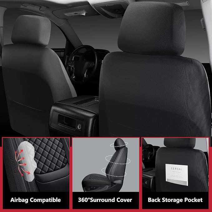 Ram Seat Covers 2009-2018 Full Set, Truck Interior Sets with Lumbar Support Custom Fit for Dodge Ram 1500/2500/3500 Crew/Quad/Mega Cab with Rear Curved Bench, Black