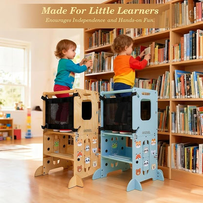 Toddler Kitchen Stool Helper, CPC Certified Foldable Toddler Tower, Learning Wooden Tower with Support Feet and Chalkboard, Anti-Drop Structure, Safe Design for Kids, Blue