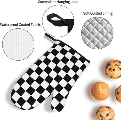 Checkered Black and White Plaid Oven Mitts and Pot Holders Set of 4, Heat